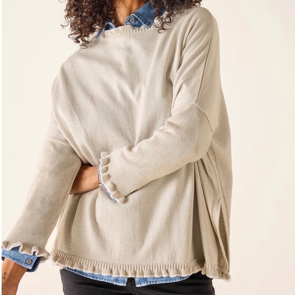 MERSEA Catalina Cotton Ruffle Sweater Womens P Oversized Slit Hem Boatneck Soft